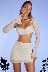 Embellished Cowl Neck Crop Top with Flare Sleeves