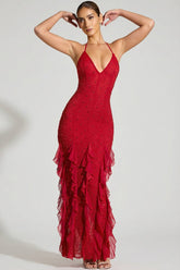 Embellished Halter Neck Ruffle Maxi Dress