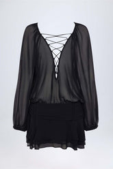 Lace Up Balloon Sleeve Mini Dress