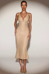 Metallic Lace Plunge Backless Evening Dress