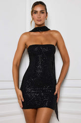 Sparkling Sequin Mini Dress with Scarf