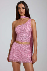 Glitter Mesh Asymmetric Top with Scarf Detail