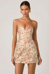 Floral Embellished Strapless Mini Dress