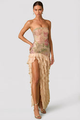 Embellished Ruffle Trim Strapless Gown