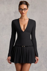 Pleated Mini Dress with Long Sleeves
