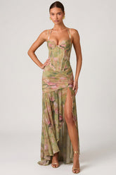 Asymmetric Corset Gown with Floral Mesh