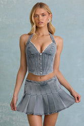 Low Rise Pleated Denim Mini Skirt