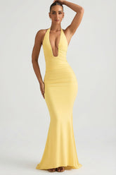Backless Halterneck Gown with Ruched Detail