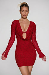 Embellished Plunge Mini Dress with Flared Mesh Sleeves