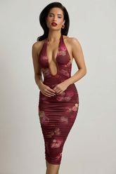 Ruched Plunge Halterneck Midi Dress