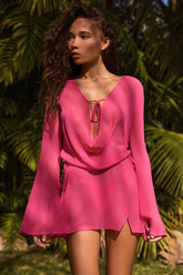 Sheer Chiffon Cowl Neck Mini Dress