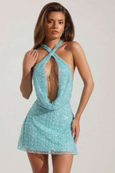 Embellished Cowl Neck Backless Mini Dress