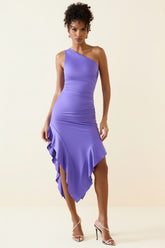 Asymmetric One Shoulder Ruched Midi Dress