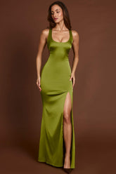 Satin Scoop Neck Lace Up Back Maxi Dress