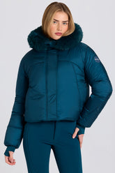 Teal Cropped Ski Jacket with Faux Fur Hood