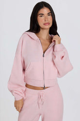 Soft Pink Cropped Knit Hoodie