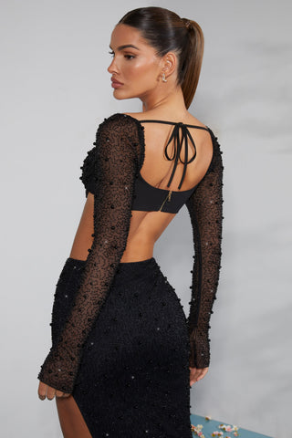 Embellished Sleeve Mesh Crop Top