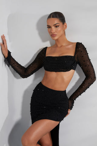 Embellished Sleeve Mesh Crop Top