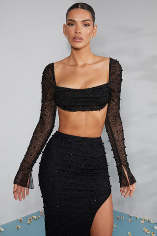 Embellished Sleeve Mesh Crop Top