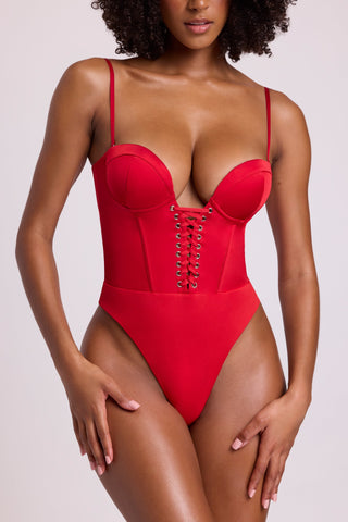 Satin Plunge Neck Lace Up Corset Bodysuit