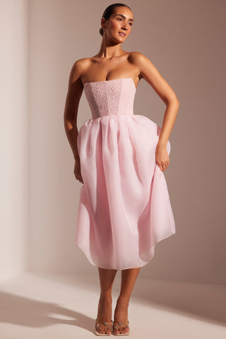 Rosette Embellished Corset Tulle Skirt Midi Dress