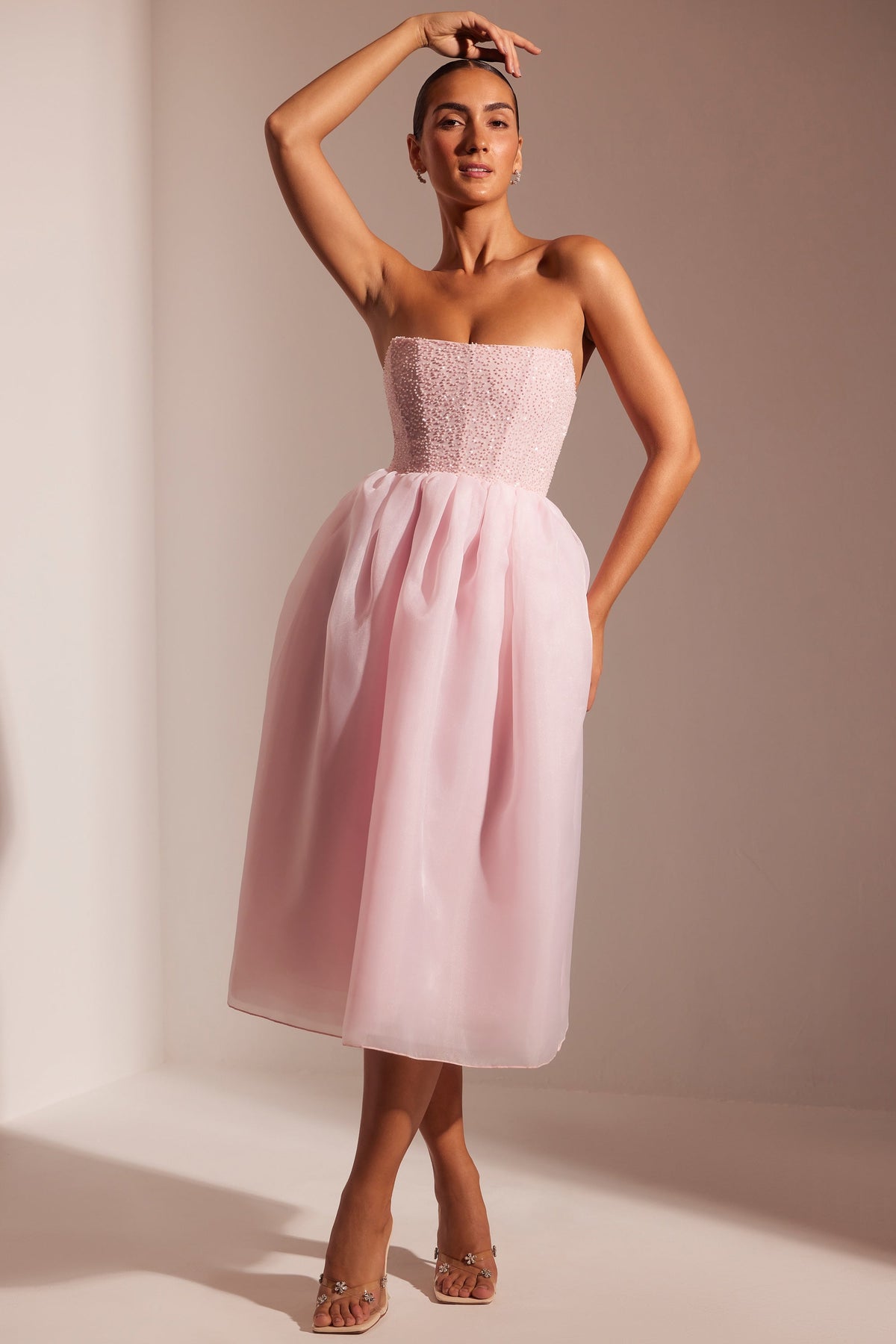 Rosette Embellished Corset Tulle Skirt Midi Dress