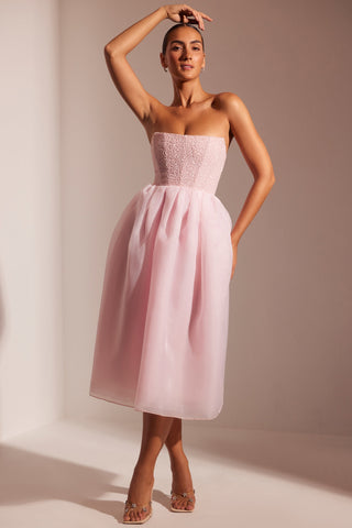 Rosette Embellished Corset Tulle Skirt Midi Dress