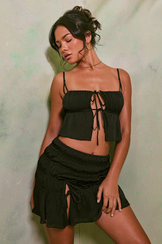 Shirred Crinkle Mini Skirt with Thigh Split