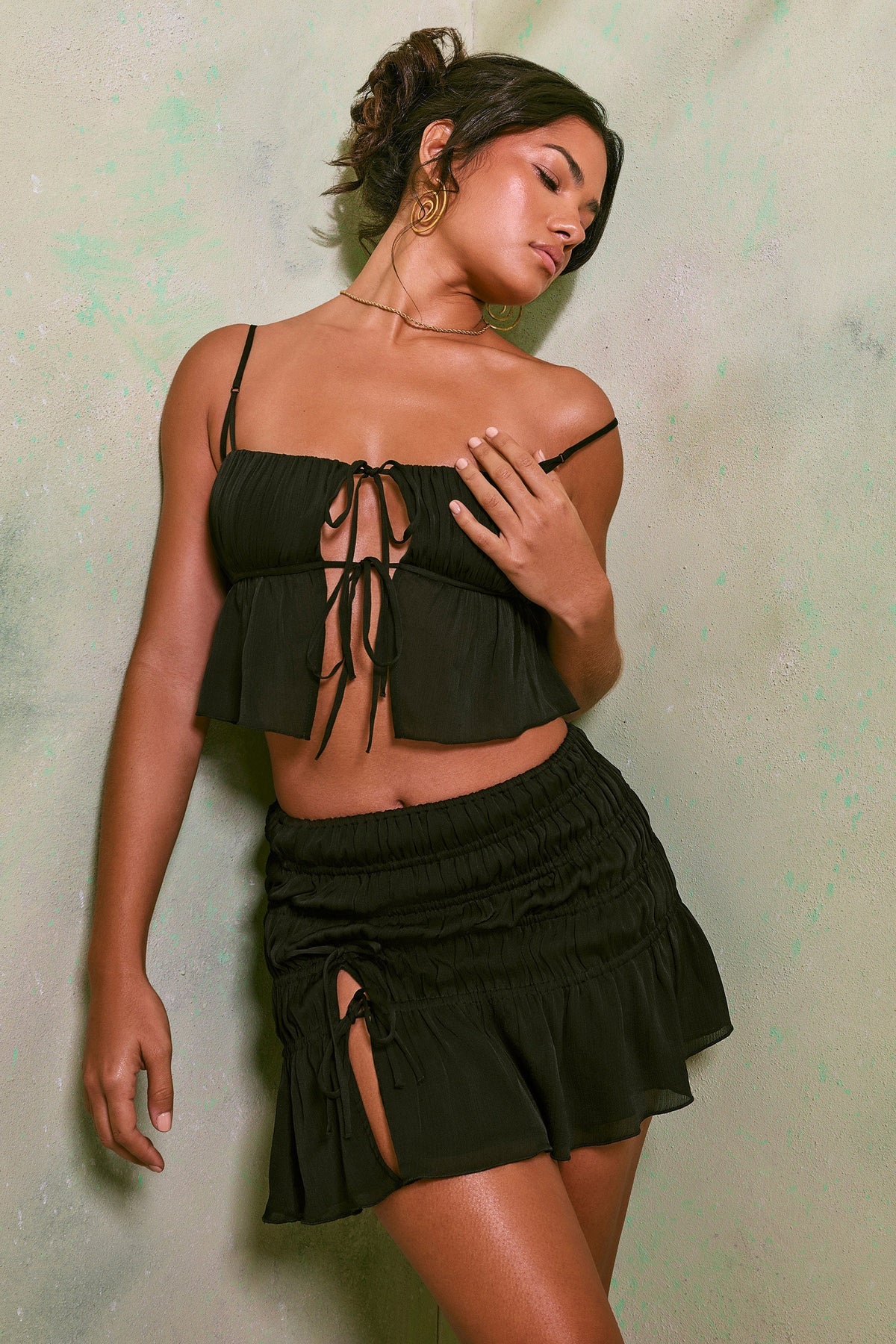 Shirred Crinkle Mini Skirt with Thigh Split