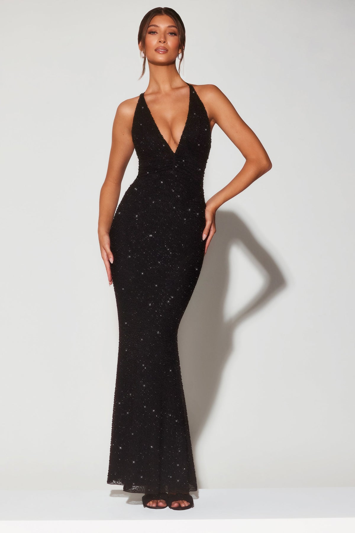 Embellished Plunge Halter Evening Gown