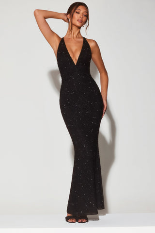 Embellished Plunge Halter Evening Gown
