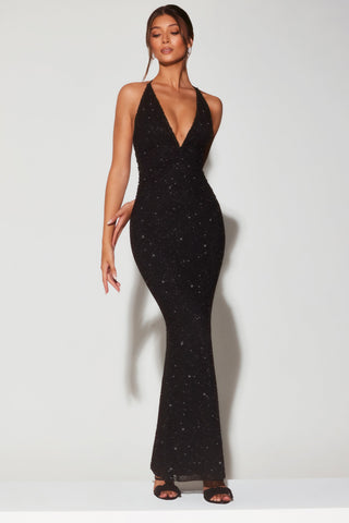 Embellished Plunge Halter Evening Gown