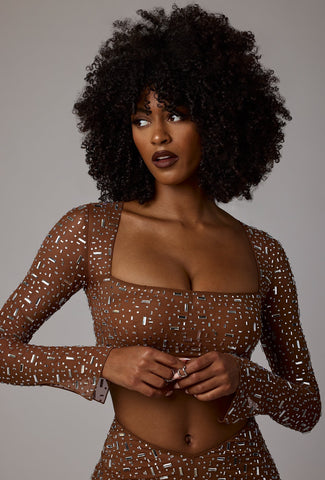 Sheer Embellished Long Sleeve Crop Top