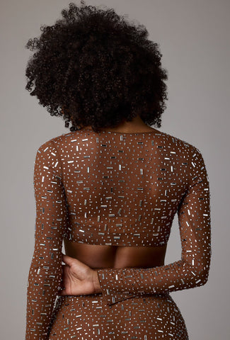 Sheer Embellished Long Sleeve Crop Top
