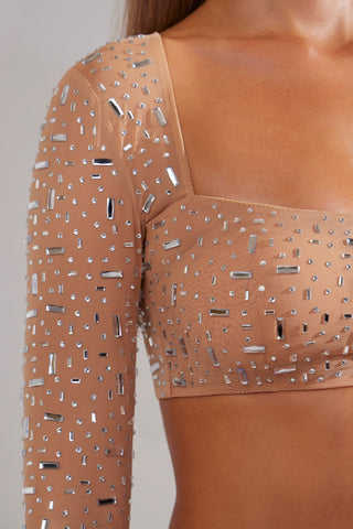 Sheer Embellished Square Neck Crop Top