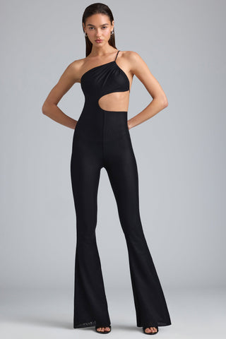 Metallic Ruched Cut Out Flared Jumpsuit
