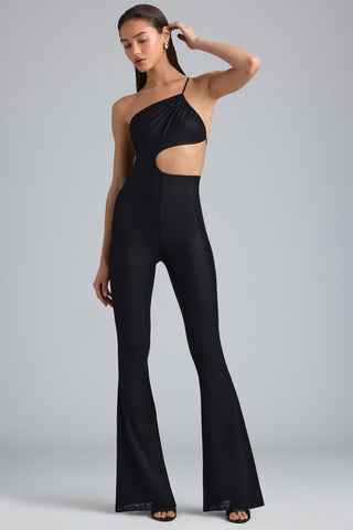 Metallic Ruched Cut Out Flared Jumpsuit