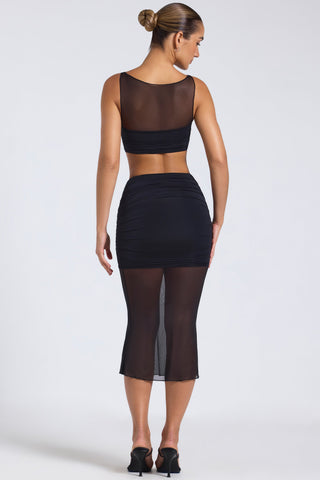 Sheer Panel Draped Midi Skirt