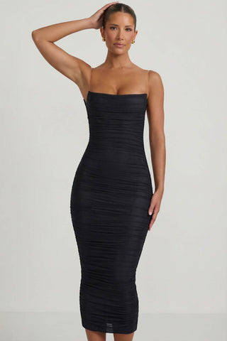 Ruched Backless Bodycon Midi Dress