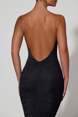 Ruched Backless Bodycon Midi Dress