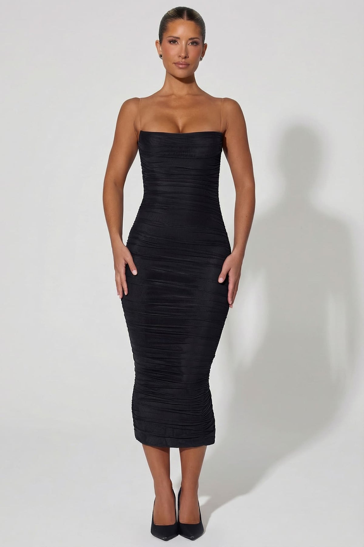 Ruched Backless Bodycon Midi Dress