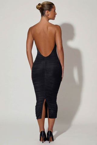 Ruched Backless Bodycon Midi Dress