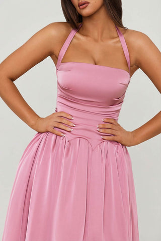 Halterneck Lace Up Corset Midi Dress