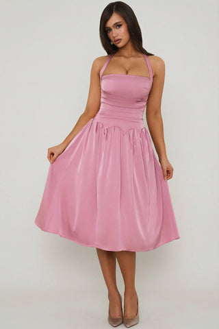 Halterneck Lace Up Corset Midi Dress