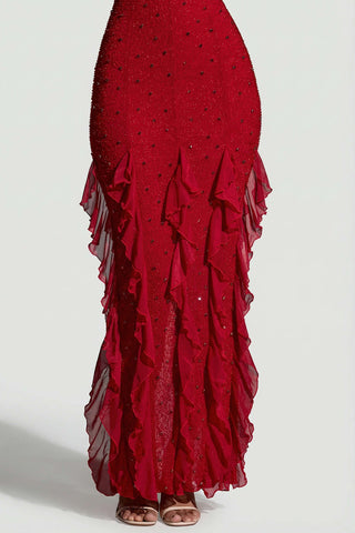 Embellished Halter Neck Ruffle Maxi Dress