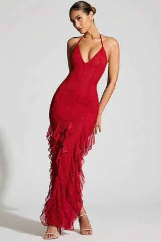 Embellished Halter Neck Ruffle Maxi Dress