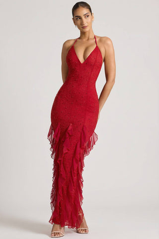 Embellished Halter Neck Ruffle Maxi Dress