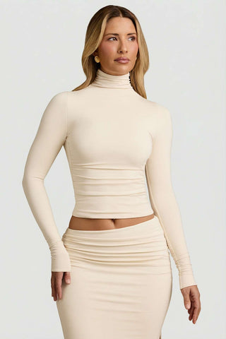 Backless Turtleneck Top with Ruched Waist
