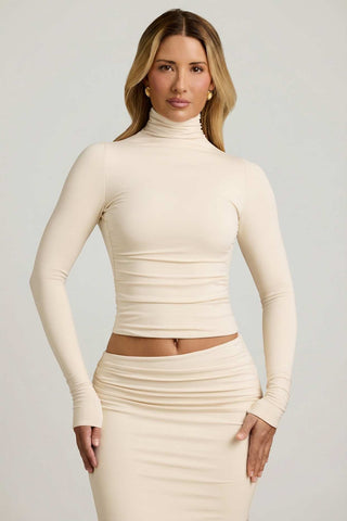 Backless Turtleneck Top with Ruched Waist