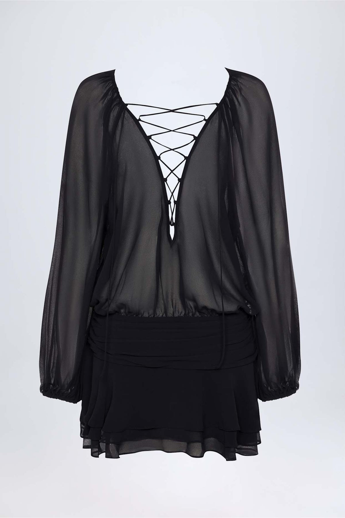 Lace Up Balloon Sleeve Mini Dress